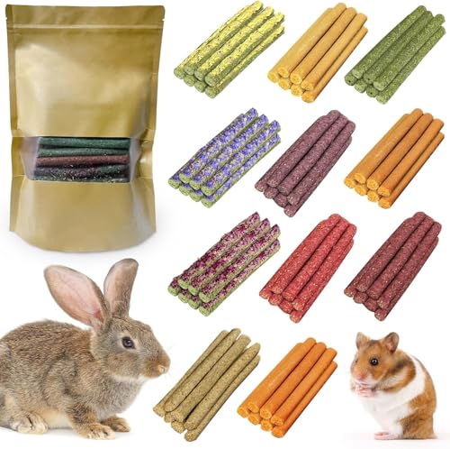 77Pcs Rabbit Chew Sticks, Guinea Pig Toys, 11 Flavors Natural Grass Molar Teeth Stick, Mixing Flowers, Roses, Calendula and Forget Me Not, Small Animals Treats