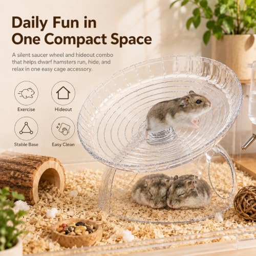 Silent Hamster Wheel with Hamster Hideout, Quiet Flying Saucer Exercise Wheel for Dwarf Hamsters, Stable Running Wheel, Small Animal Cage Accessory, Easy to Clean (Lucency) | 2-in-1 flying saucer wheel with hideout, quiet spin, wide track, clear body, sta
