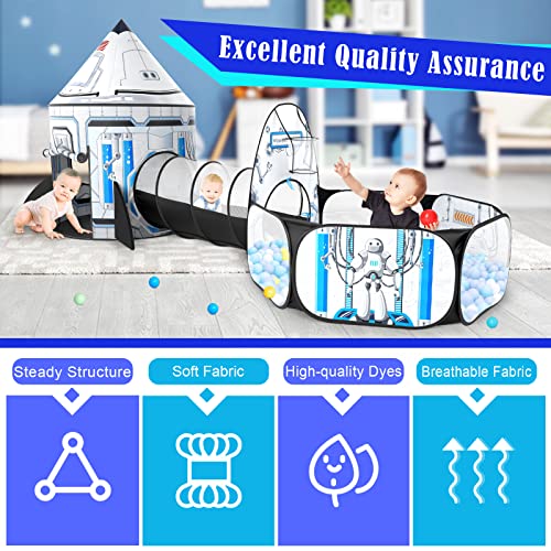 3pc Kids Play Tent for Girls with Ball Pit, Crawl Tunnel, Princess Tents for Toddlers, Baby Space World Playhouse Toys (3PC White Rocket Play Tent) - style: 3PC White Rocket Play Tent