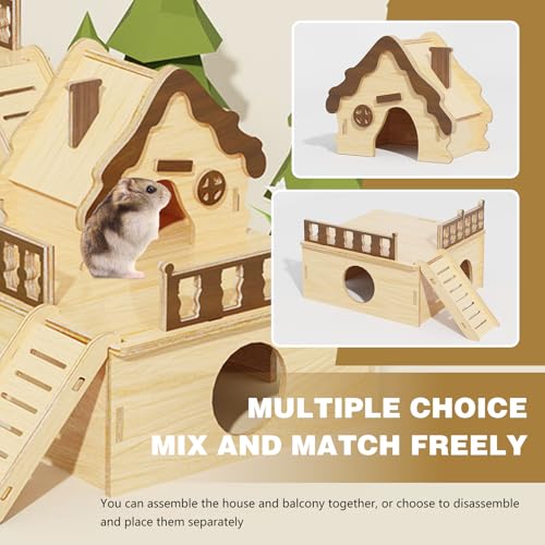 Wooden Hamster Platform and Dwarf Hamster House,Cute Syrian Hamster Tiny House Hideout,Large Balcony Lookout Holes,for Dwarf Gerbils and Mouse Mice Rat Other Small Animals(G) - color: BrownL