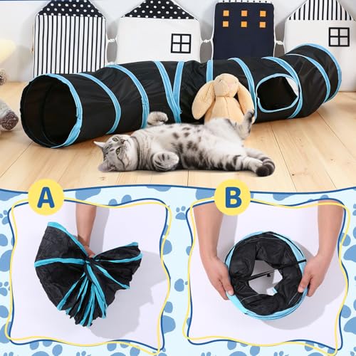 Pet Cat Tunnel, S-Shaped Tunnels for Indoor Cats, Collapsible Pet Tunnel for Kitten, Puppy, Rabbit, 25cm-Wide Tunnels, Durable & Breathable, with Peek Hole Toy Ball - color: S-Shaped Tunnel & Black/Blue