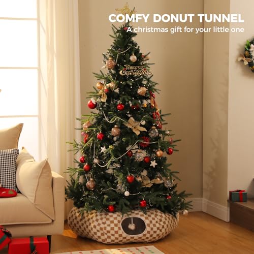 PEQULTI Brown Donut Cat Tunnel Bed Washable Plush Mat Multi for Small Pets | Round play tube with soft detachable plush mat, multi-pet toy fit indoor cats, kittens, puppies, rabbits and ferrets - color: Brown