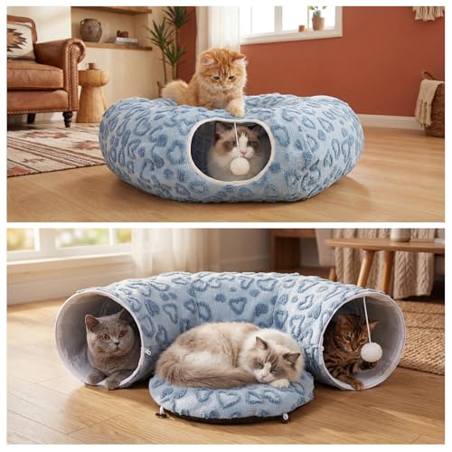 Cat Tunnel Bed, Cute Cat Tunnel Toy with Washable Cushion, Fits Indoor Cats up to 25 lbs, Cute Peekaboo Cave Pet Bed for Kittens, Rabbits, Blue Heart - color: Blue Heart