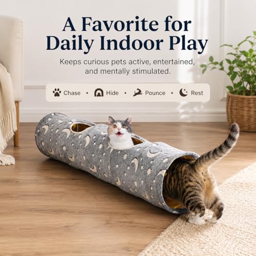 Cat Tunnel Tube with Plush Ball Toys Collapsible Self-Luminous Photoluminescence, for Small Animals Pets Bunny Rabbits, Kittens, Ferrets,Puppy and Dogs Grey Moon Star - size: 47.2Inch