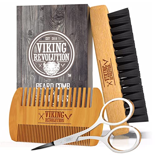 Viking Revolution Beard Comb and Beard Brush Set with Velvet Pouch - style: Beard Comb & Brush