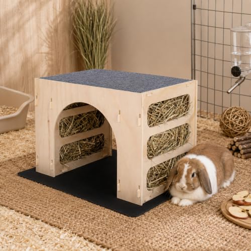 Wood Bunny House Hideout–15.7" Large Rabbit Hideout with Hay Feeders, Indoor Bunny House for Rabbits, Wooden Guinea Pig Hideout, Small Animal Habitat Decor with 2 Washable Pads