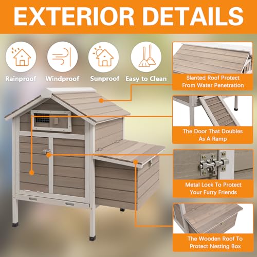 Gowoodhut Chicken Coop Rabbit Hutch with Removable Trays,Raised Floor Hen House with Nesting Box,Wooden Outdoor Poultry Cage Pet House with Ramp Run Hen Cage for Garden Backyard,Grey - size: Chicken-25