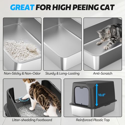 XL Stainless Steel Litter Box with Lid, Enclosed Cat Litter Box,Front Entry | XL for Big Cats, High Sides Enclosed Design, Anti-Urine Leakage, Non-Stick Odor-Free, Easy Clean, Reduce Litter Tracking - color: 10 - Dark Gray (Pack of 1)