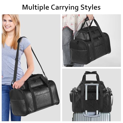 Premium Leather Top Expandable Pet Carrier for Small Dogs & Cats Under 15 lbs, Airline Approved Collapsible Soft-Sided Luxury Travel Bag Black - color: Black