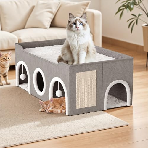Top Bed Three Rooms Cat Condos,All-in-1 Extra-Wide Cat House for Indoor，Multi Cats Puppy Family, Large Cat Cave for Pet House with Fluffy Ball Hanging and Scratch Pad, Foldable Hideaway