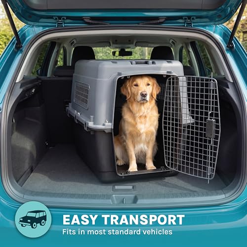 SportPet Airline Compliant X-LARGE 35.5" Travel Dog Kennel-Durable Plastic Airline Pet Carrier w/Removable Wheels & Food Bowls, Collapsible Indoor/Outdoor Dog Kennel, Dogs up to 32"L & 23"H-Dark Gray - color: Dark Gray