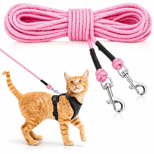 Reflective Cat Long Leash 15 FT, Outdoor Backyard Cat Tie Out Lead, Pink | Backyard Play, Reflective Nylon Rope, Dual 360° Swivel Hooks, Lightweight Cat Tie Out, Pink S, Small Pets - color: Pink, size: 15 FT