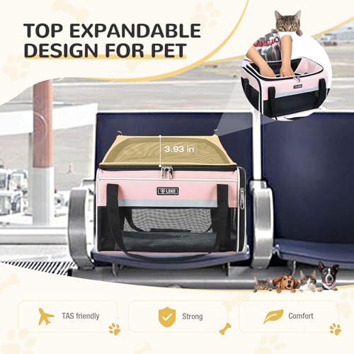 Lekereise Top-Expandable Pet Carrier 18x11x11Inch Delta American United Airline Approved Soft Sided Underseat to 15lbs Travel Carriers for Small Dogs Cats with Locking Safety Zippers Anti-Scratch Mesh - color: Pink