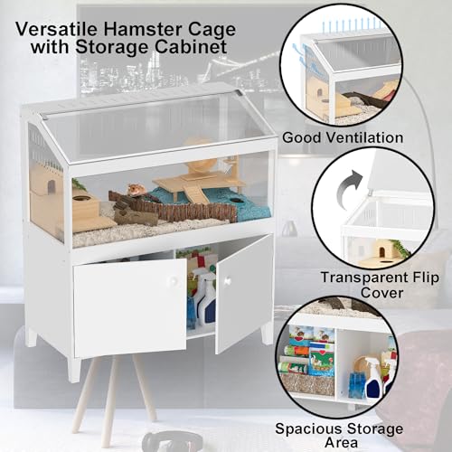 GDLF Hamster Cage with Acrylic Panels and Storage, 39.5 x 19.7 Inch | Furniture-style habitat offers two levels, two access doors, and ample floor space for hamsters, gerbils, rats, or hedgehogs