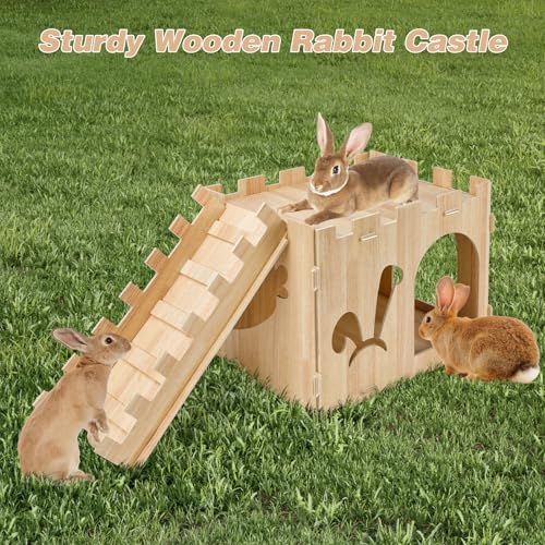 YUEPET Wooden Rabbit Castle with Ramp, Bunny Castle & Rabbit House Hideout | Large Bunny House with Ramp, Poplar Plywood Panels, Tool-Free Assembly, 16 Rubber Rings, Indoor Rabbit Hideaway - size: Rabbit Castle+Ramp