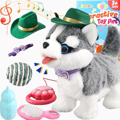 Husky Walking Dog Toy for Kid Boy with Leash Barking Talking Lick Wag Tail | Interactive Puppy Robot That Repeats You Say for Girls, Fake Plush Singing Pet Doggy Pretend Dress Up Birthday Christmas 3+ - color: 3.husky Dog