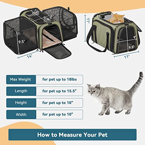 Petsfit Pet Carrier Airline Approved, Cat Carrier with Locking Zipper and Shoulder Strap, Storage Pockets, Expandable Pet Carrier Small Dog Carrier up to 15 Pounds Army Green M - color: Green, size: 17.0"L x 11.0"W x 11.0"H