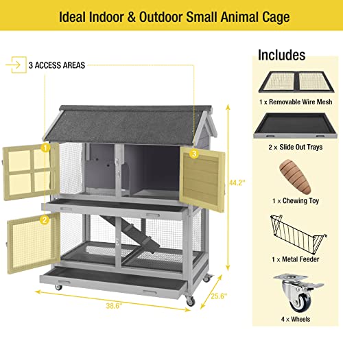 Aivituvin [Upgrade Version] Rabbit Hutch Bunny Hutch, Rabbit Cage with Two No Leak Trays, Indoor & Outdoor Waterproof Cage for Bunny, Upgraded Bottom Wire Netting,Grey,Large, Camel