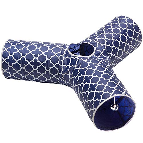 Cat Tunnel - Collapsible 3 Way Quatrefoil Play Toy - Tube Fun for Rabbits, Kittens, and Dogs - Quatrefoil Navy/White - color: Navy/White