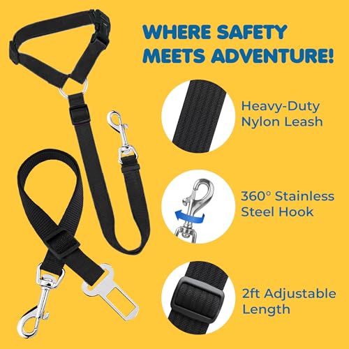 SunGrow Dog Seatbelt & Leash, Universal Vehicle Seatbelt Harness for Car Headrest, Pet Travel Essential, Adjustable Lead, Black Nylon, 19”-31” & 14-19” x 17-30”, 2 Pcs. Per Pack - color: Black Adjustable Seatbelt & Leash