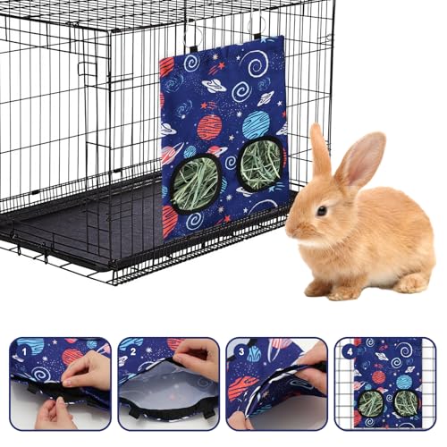 JarThenaAMCS 2 Pcs Rabbit Hay Feeder Bag with 2 Holes Guinea Pig Hanging Hay Feeding Bag Blue Galaxy Storage Dispenser for Chinchilla Hamster Bunny Small Animal Pet, 11.5 x 9 Inch
