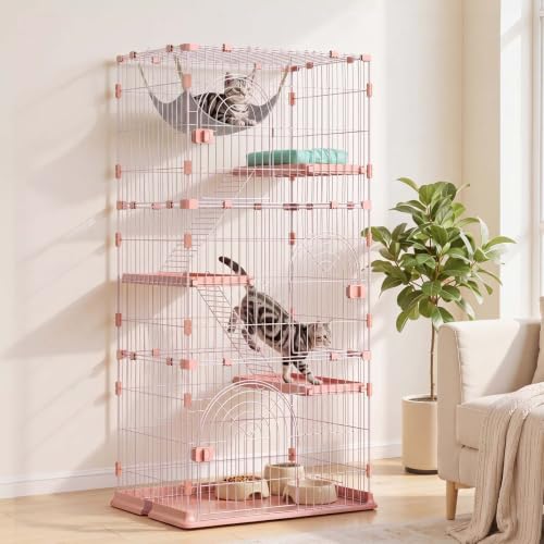 VEVOR Cat Cage 4-Tier 33.07"x23.82"x64.37" DIY Cat Playpen with Ladders, Indoor Enclosure Detachable Metal Wire Kennel Crate, Large Exercise Place for 1-2 Cats, Kittens, Ferrets & Small Animals, Pink - size: 33.1"L x 23.8"W x 64.4"H