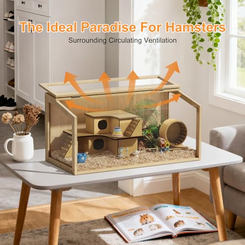 Hamster Cage: 32Inch Wooden Small Animal Cage with Warm Light | Large Clear Hamster House Chewy Proof with Openable Breathable Top - size: 31.5"L x 15.8"W x 15.8"H