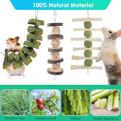 ERKOON Bunny Chew Toys, Rabbit Chew Toys for Teeth Grinding, Improve Dental Health, 100% Natural Apple Wood Timothy Grass Cake Treats for Rabbits Guinea Pigs Chinchillas Bunnies Hamsters (5 Pcs) - style: 5 Pcs