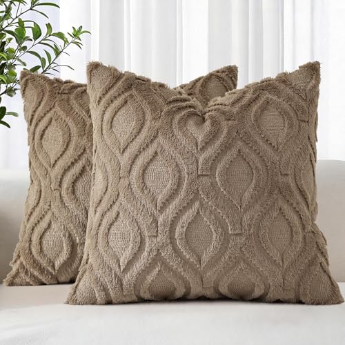 decorUhome Faux Fur Soft Light Brown Throw Pillow Covers 16x16 Set of 2 | Plush Solid Fall Couch Pillow Covers, Accent Modern Farmhouse Neutral Decorative Square Pillow Cases for Sofa Bed Living Room - color: Light Brown, size: 16" x 16" (Pack of 2)