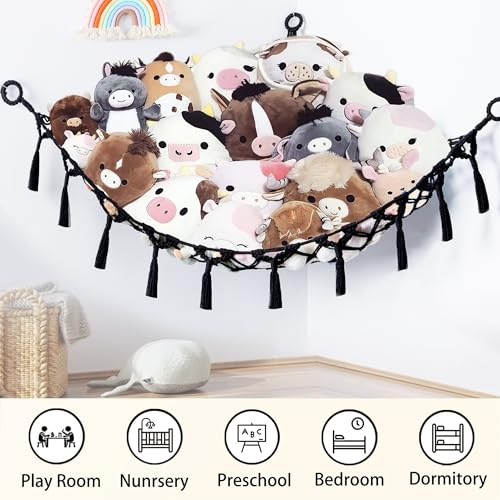 Stuffed Animal Net or Hammock with Light,Yewiwin Macrame Hanging Net Hammock for Stuffed Animal Toy Storage Organizer Boho Decor Room Holder for Nursery Play Room Bedroom (Black(55"*55"*72")) - color: Black(55"*55"*72")