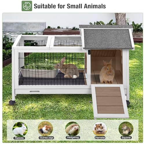 Wooden Rabbit Hutch Indoor and Outdoor, Rabbit Cage with Removable Wire Netting and Leak Proof Tray, Mobile Bunny Cage with Wheels (Brown)