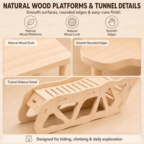 3-Piece Hamster Wood Platform Set with Tunnel Hideout, Natural Cage Accessories with Hides, Food & Water Stations, Climbing & Burrowing for Dwarf, Syrian Hamsters, Mice & Gerbils
