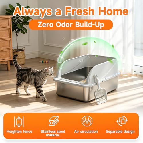 Stainless Steel High-Sided Cat Litter Box with Scoop - Medium | Open top litter pan for indoor cats. Easy to clean design significantly reduces litter scatter.