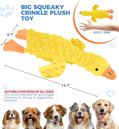 Squeaky Plush Dog Toy for All Breeds, Multifunctional Goose Dog Toy with Honking Sound, Crinkle Paper, Treat Pocket, Durable Soft Stuffed Animal for Chewing, Cuddling, Interactive Play (Yellow) - color: Yellow