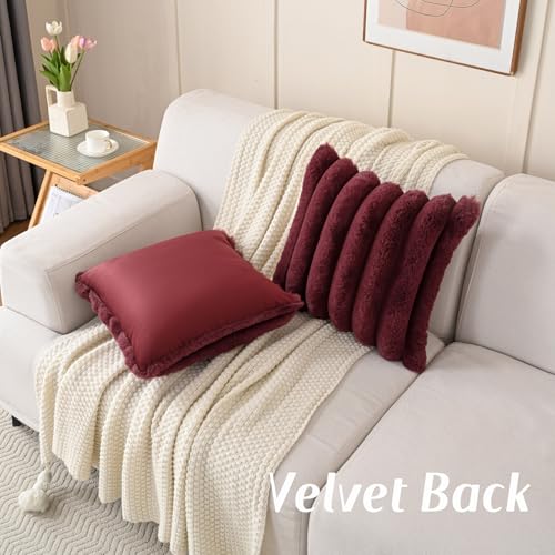 FUTEI Pack of 2 Faux Rabbit Fur Throw Pillow Covers 16x16 Inch, Burgundy | Luxury Plush Texture, Striped Design, Cozy Soft Touch, Non-Shedding, Modern Home Decorative for Sofa Living Room Couch Bed - color: Burgundy, size: 16" x 16" (Pack of 2)