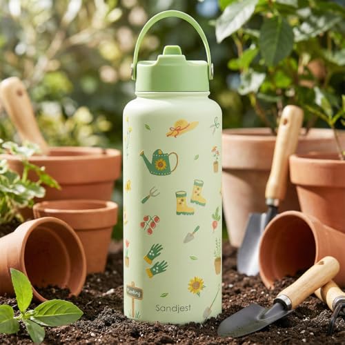 Gardening Gift for Women, Water Bottle Stainless Steel 32oz with Lid & Straw, Plants Lover Insulated Bottles Gifts for Girls Friends Teens Birthday Christmas - color: Gardening