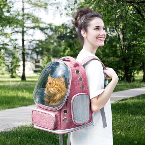 Cat Backpack Carrier Clear Bubble Window for Cats & Small Dogs up to 15 lb | Large Space Breathable Foldable Pet Carrier Airline Approved, Mesh Entry Safety Tether Washable Pad, Travel Hiking Outdoor - color: Pink