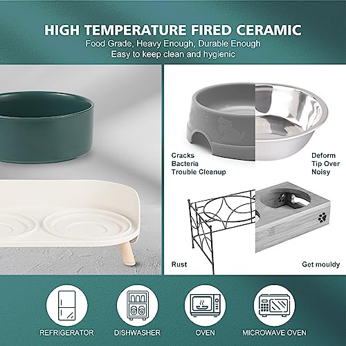 Raised Cat Food and Water Bowl Set - Elevated Ceramic Dishes with Non-Slip Stand and Splash Guard for Small Dogs - 2 x 320 ML (4.9 OZ) - Green - color: Green, size: Small