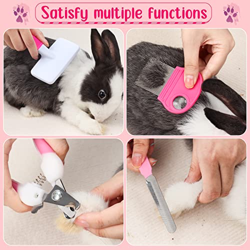 VCZONE Pink Small Animal Grooming Kit with Nail Clipper, Flea Comb, Shampoo Brush, Slicker Brush, Massage Glove for Rabbits - color: Pink