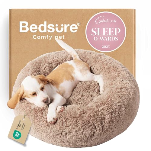 Bedsure Calming Small Dog Bed Donut Washable Cat＆Puppy Bed,23 inches Camel | Fluffy Faux Fur Round Cuddler,Machine Washable,Anti-Slip Bottom,Anti-Anxiety,Deep Sleeping for Large Cat & Pets Up to 25 Lbs - color: Camel, size: 23"L x 23"W x 8"Th