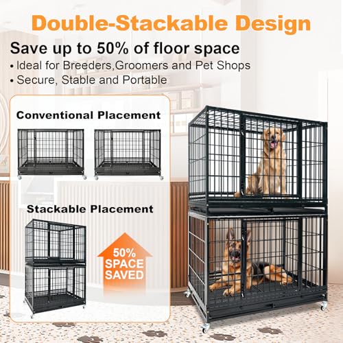 Homey Pet Two Tier Heavy Duty Stackable Dog Crate Cage Kennel for Large Dog | 47 Inch Indestructible Kennel with Wheels, Removable Trays and Grids, Escape Proof Auto Lock, Ideal for Breeders and Groomers - size: 46.5"L x 28.5"W x 68"H
