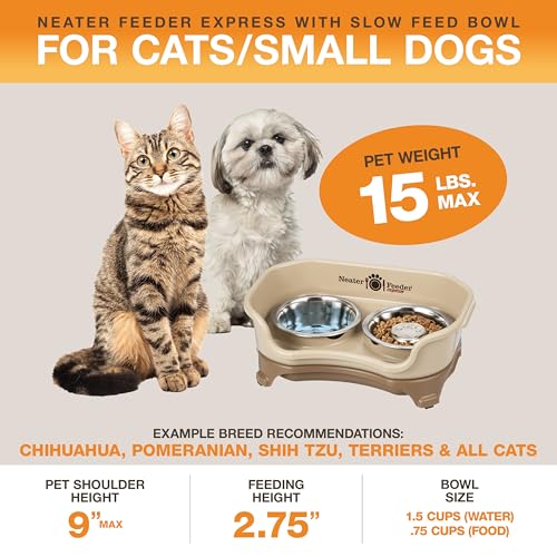 Neater Feeder Express Mess Proof Dog Bowls Elevated for Small Breeds Under 15 Lb, Made in USA, No Spill Raised Dog Food Bowl Stand, Stainless Steel Slow Feed and Standard Water Bowl Set, Cappuccino - color: Cappuccino, size: Small w/ Metal Slow Feed Bowl