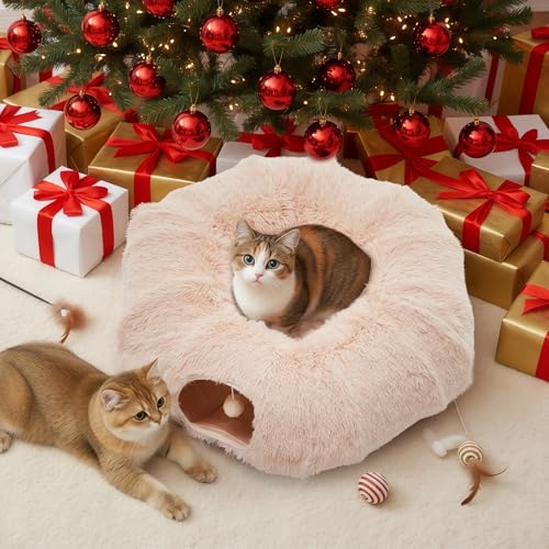 DUMOS Cat Tunnel Bed for Indoor Cats, Cave Donut Play Tunnel, Cream White | Soft Plush Peekaboo, Washable Circle Cushion, Multifunctional Playground Under Tree Toys for Kittens, Puppy, Rabbit, Ferret - color: Plush Cream