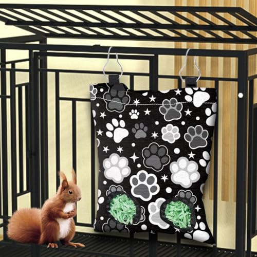 2Pcs 2 Styles Hay Feeder Bag for Rabbits Guinea Pigs Chinchillas 11.6 x 9 Inch Bunny Hay Feeder with 2 Holes Pink Black Paw Print Cloth Washable Hanging Pet Feeding Storage Cage Accessories - color: Paw Print