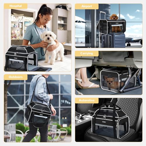 Lekereise Top-Expandable Pet Carrier 18x11x11Inch Delta American United Airline Approved Soft Sided Underseat to 15lbs Travel Carriers for Small Dogs Cats with Locking Safety Zippers Anti-Scratch Mesh - color: Black