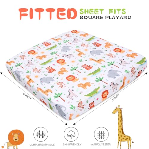Cloele Square Playard Fitted Sheets,36 X 36in,Jungle Animals | Perfect for 36 X 36in Portable Playard Mattresses, Pack and Play Crib Sheets,Animal Fitted Playpen Sheet, For Baby - color: Animal, size: 36"x36"