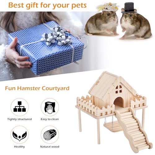 Hamster Wooden House with Platform,Ramp & Swing - Natural Wood Play Set forSyrian Dwarf Hamsters, Gerbils, Mice,Small Animals Cage Accessories
