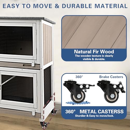 36" L Guinea Pig Cages Wooden, 2 Story Rabbit Cage Indoor Guinea Pig Habitat on 4 Metal Wheels and 2 Deeper Pull-Out Trays, Ramp, Leak Proof Guinea Pig Cages Indoor Small Animal Cage, Grey