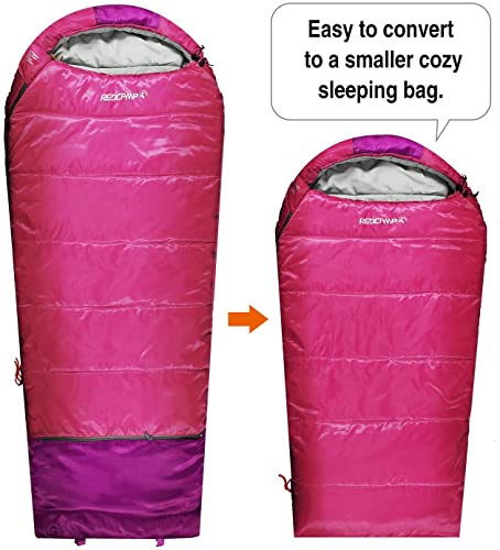 REDCAMP Kids Mummy Sleeping Bag for Camping, 3 Season Cold Weather Sleeping Bag Fit Boys,Girls & Teens, Blue/Rose Red - color: Pink with 2.4lbs Filling