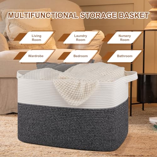 OIASKET 108L Cotton Rope Storage Basket for Living Room and Bedroom 25"x16"x16" Woven Laundry Basket, Heavy Duty Bin for Blankets, Pillows & Toys, Pet-Safe & Scratch-Free, Dark Grey and White - color: Dark Grey & White